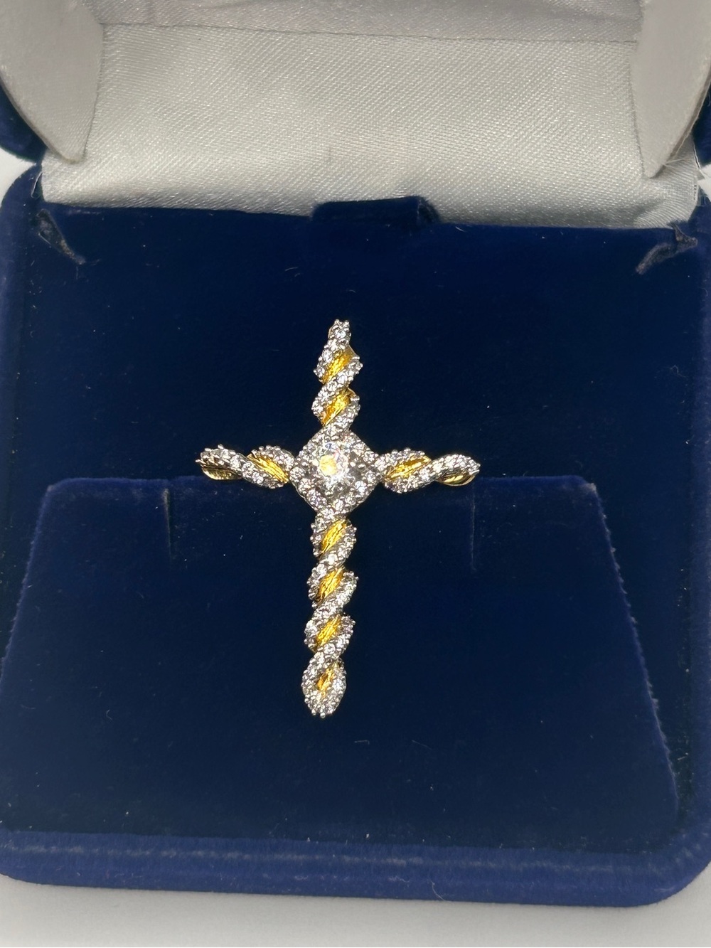 925 Silver Over Gold Twisted Cross Pendant with CZ Stones